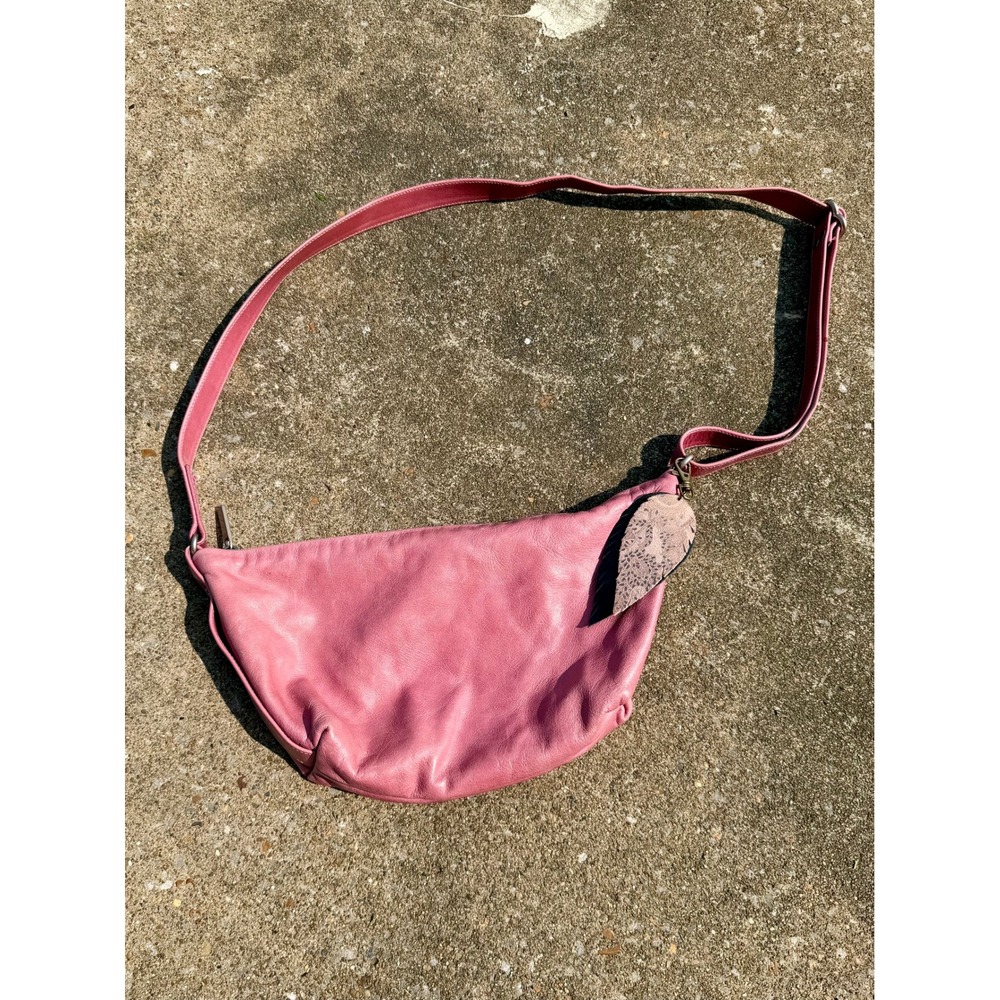 Rough & Tumble Limited Pink Leather Crescent Crossbody Bag with Feather Charm